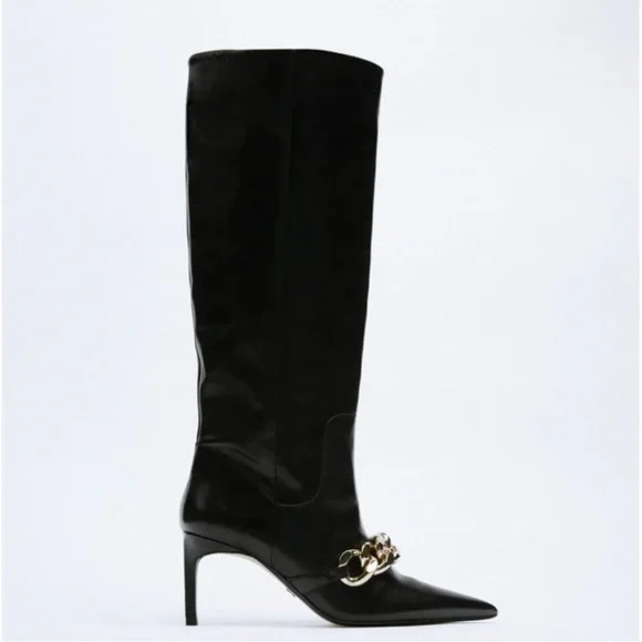 Zara Heeled Leather Knee High Boots With Chain Detail - Picture 5 of 16